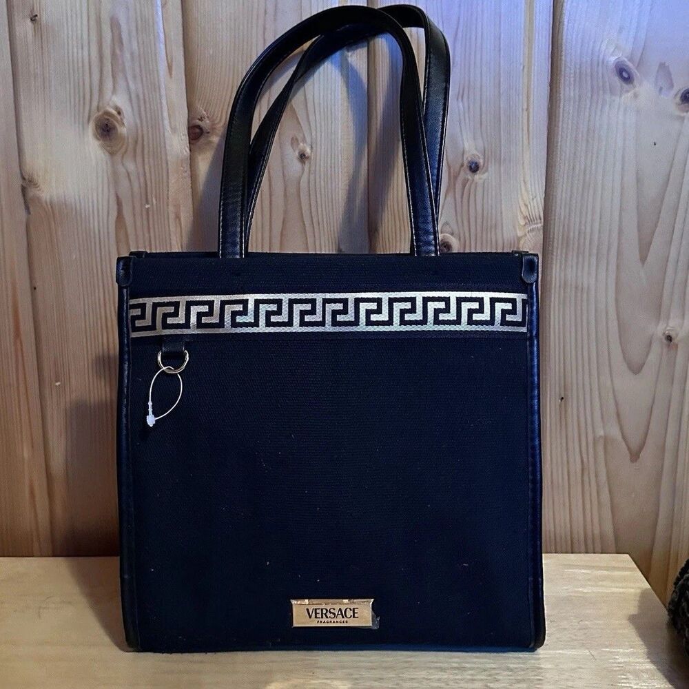 Versace Fragrances Black Canvas Mini Tote Bag Gold Greek Key Promo